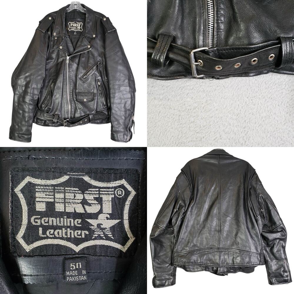 Vintage FIRST Genuine Leather Black Motorcycle Biker Jacket Mens Size 50